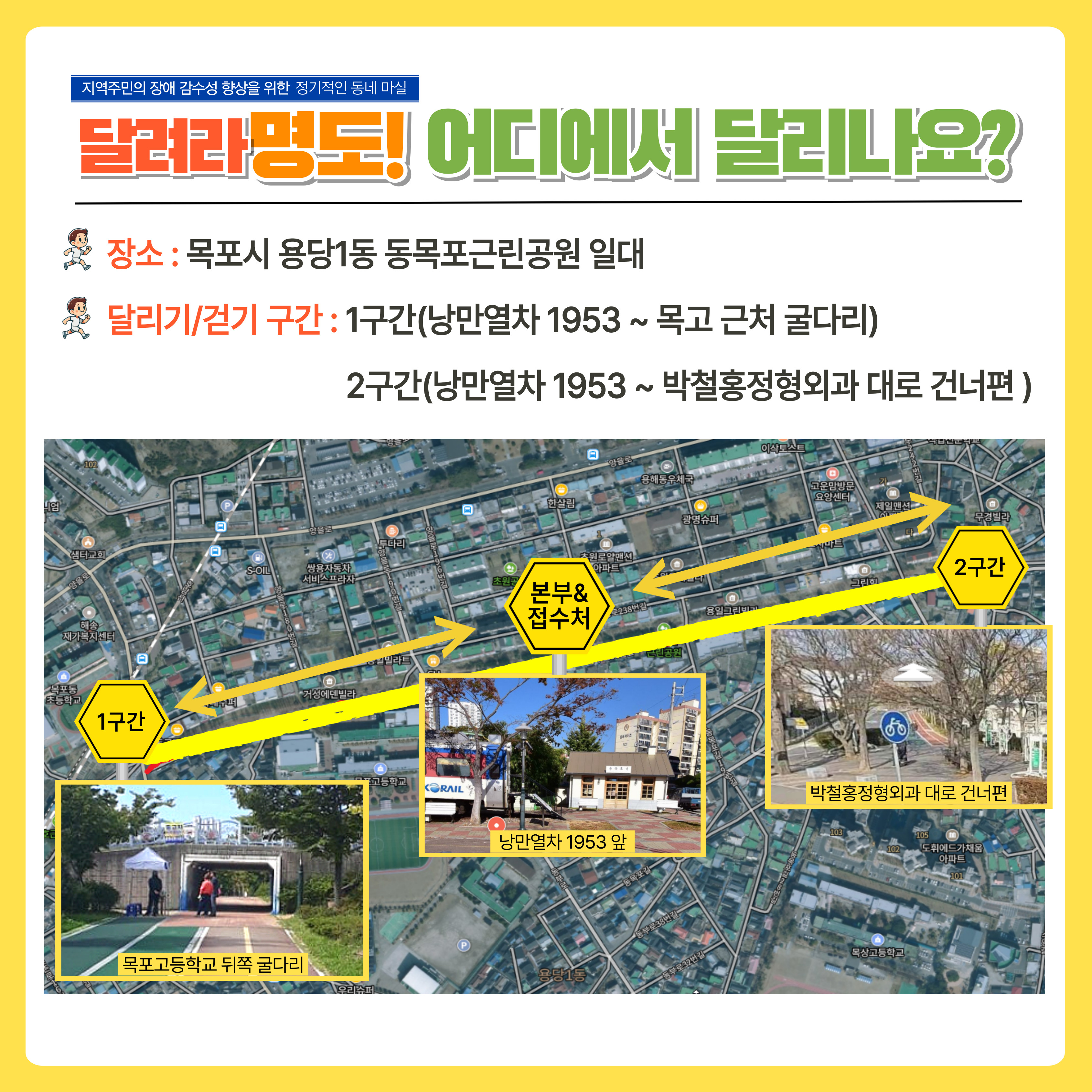 달려라명도, 어디에서 달리나요? 장소. 목포시 용당 1동 동목포근린공원 일대. 달리기/걷기구간. 1구간, 낭만열차 1953~목고 근처 굴다리. 2구간, 낭만열차 1953~박철홍정형외과 대로 건너편. 해당 페이지에는 걷는 구간에 대한 지도이미지가 삽입되어 있습니다. 